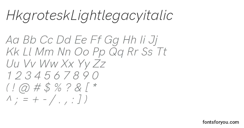 Шрифт HkgroteskLightlegacyitalic – алфавит, цифры, специальные символы