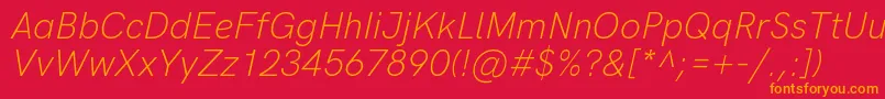 HkgroteskLightlegacyitalic-Schriftart – Orangefarbene Schriften auf rotem Hintergrund