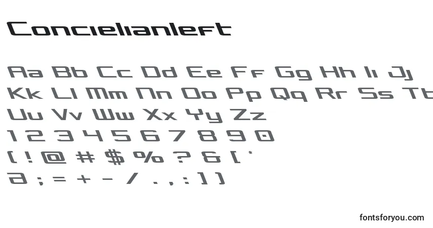Czcionka Concielianleft – alfabet, cyfry, specjalne znaki