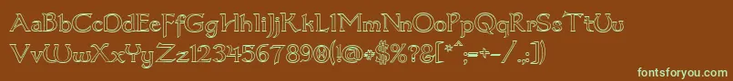フォントDumbledor3Outline – 緑色の文字が茶色の背景にあります。