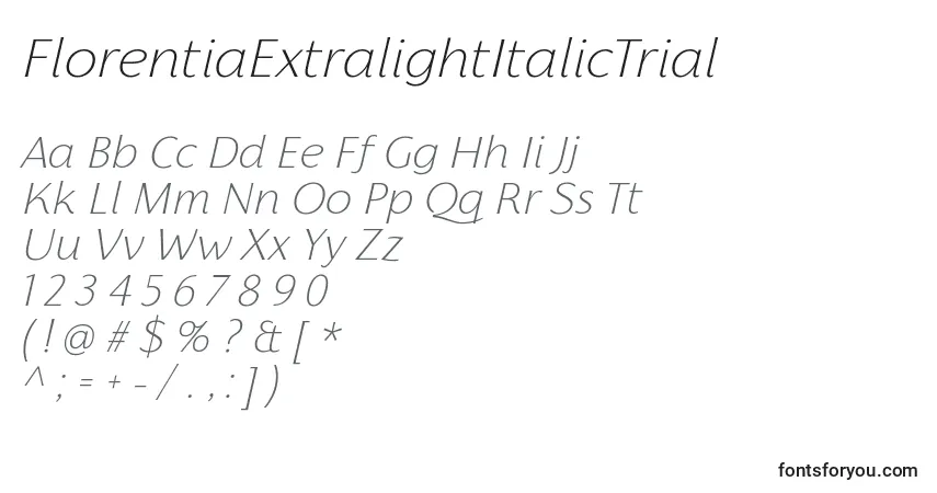 Czcionka FlorentiaExtralightItalicTrial – alfabet, cyfry, specjalne znaki