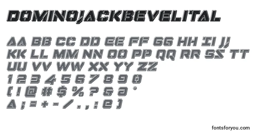 Czcionka Dominojackbevelital – alfabet, cyfry, specjalne znaki
