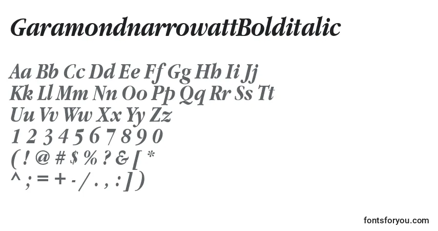 A fonte GaramondnarrowattBolditalic – alfabeto, números, caracteres especiais