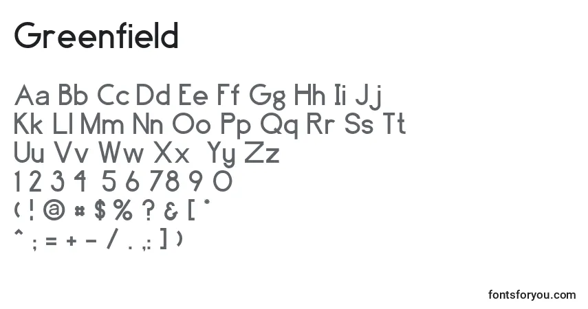 Czcionka Greenfield – alfabet, cyfry, specjalne znaki