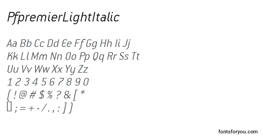 A fonte PfpremierLightItalic – alfabeto, números, caracteres especiais