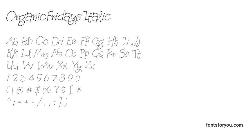 A fonte OrganicFridaysItalic – alfabeto, números, caracteres especiais