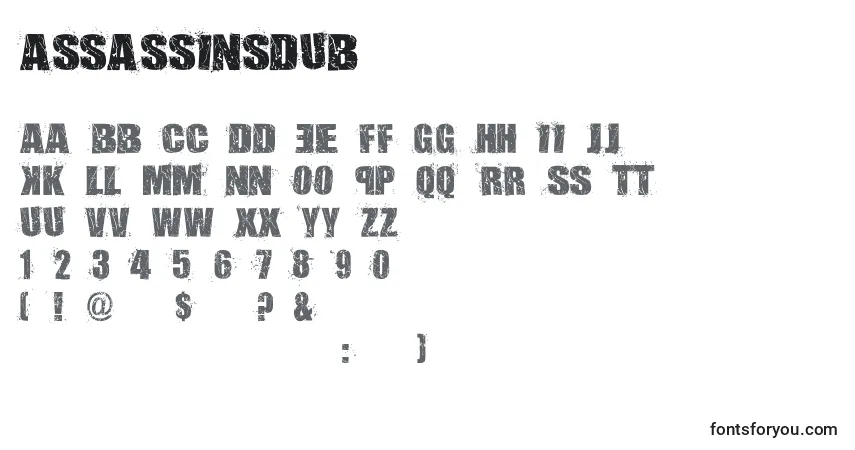 Czcionka AssassinsDub – alfabet, cyfry, specjalne znaki