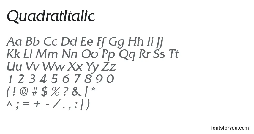 Czcionka QuadratItalic – alfabet, cyfry, specjalne znaki
