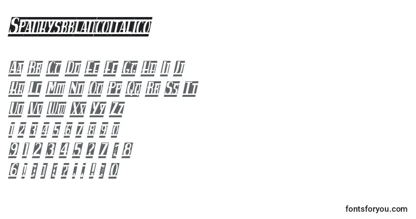 Шрифт Spankysbblancoitalico – алфавит, цифры, специальные символы