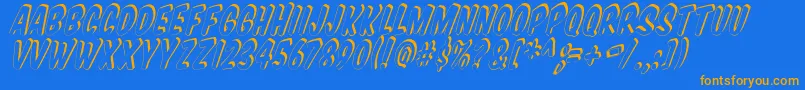 Vtcsupermarketsupersale3Dtilt-Schriftart – Orangefarbene Schriften auf blauem Hintergrund