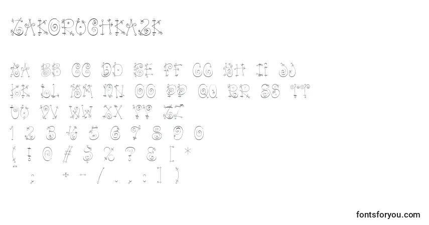 Czcionka Zakoruchka2k – alfabet, cyfry, specjalne znaki