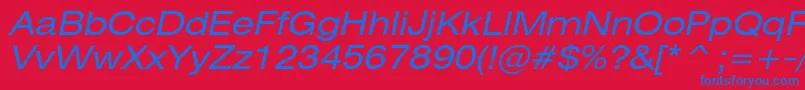 HeliosextcItalic-Schriftart – Blaue Schriften auf rotem Hintergrund