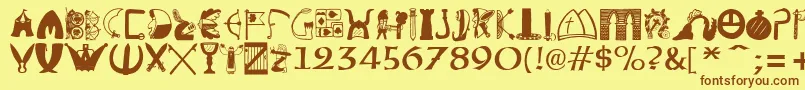 フォントBriaroakShire – 茶色の文字が黄色の背景にあります。