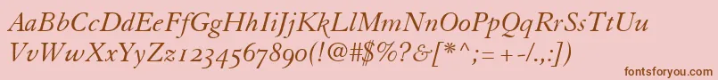Weitere Informationen zur TiascoOldstyleSsiItalicOldStyleFigures-Schriftart TiascoOldstyleSsiItalicOldStyleFigures-Schriftart – Braune Schriften auf rosa Hintergrund