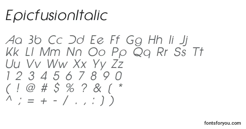 Шрифт EpicfusionItalic – алфавит, цифры, специальные символы