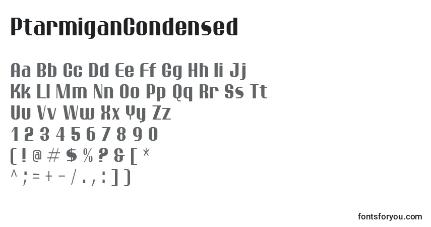 Czcionka PtarmiganCondensed – alfabet, cyfry, specjalne znaki
