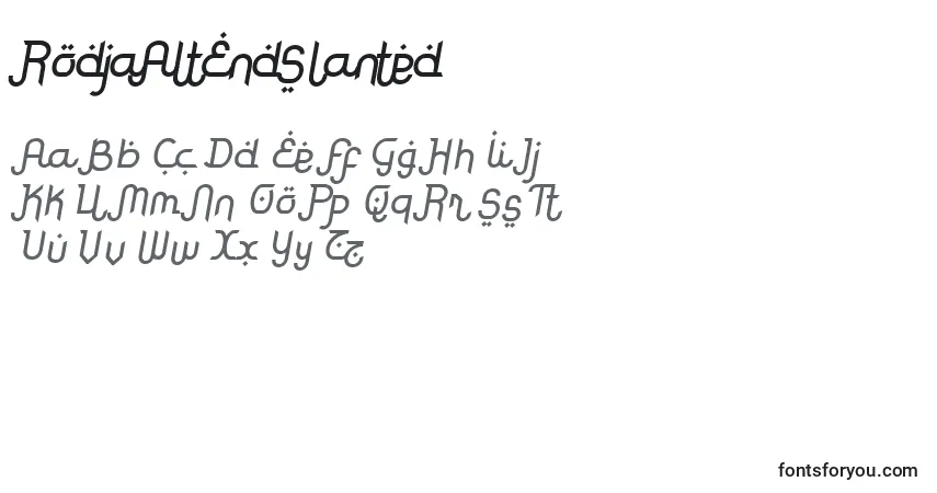 Schriftart RodjaAltEndSlanted – Alphabet, Zahlen, spezielle Symbole