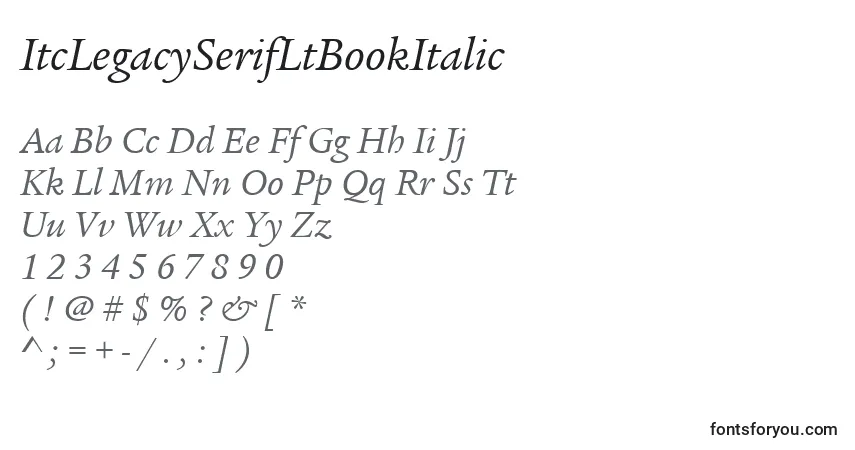 A fonte ItcLegacySerifLtBookItalic – alfabeto, números, caracteres especiais