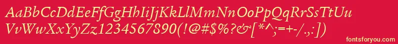 ItcLegacySerifLtBookItalic-fontti – keltaiset fontit punaisella taustalla