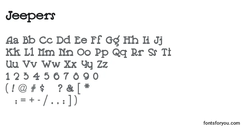 Czcionka Jeepers – alfabet, cyfry, specjalne znaki