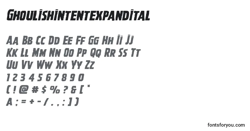 Шрифт Ghoulishintentexpandital – алфавит, цифры, специальные символы