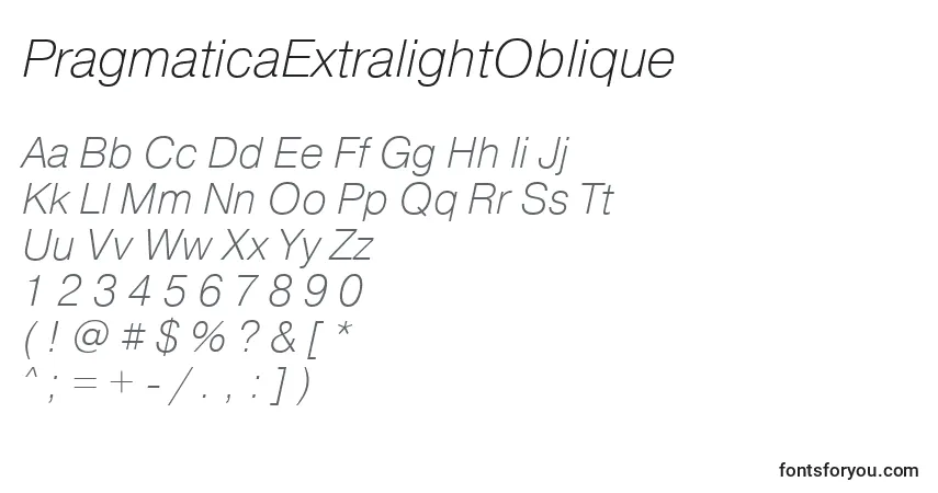 A fonte PragmaticaExtralightOblique – alfabeto, números, caracteres especiais