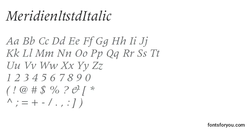 A fonte MeridienltstdItalic – alfabeto, números, caracteres especiais
