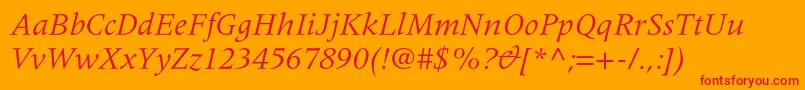MeridienltstdItalic-Schriftart – Rote Schriften auf orangefarbenem Hintergrund