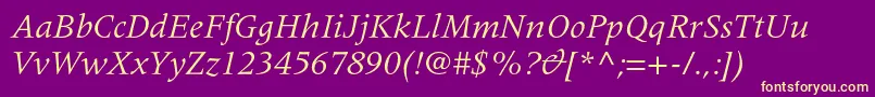 Weitere Informationen zur MeridienltstdItalic-Schriftart MeridienltstdItalic-Schriftart – Gelbe Schriften auf violettem Hintergrund
