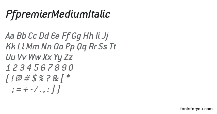 A fonte PfpremierMediumItalic – alfabeto, números, caracteres especiais