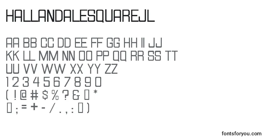 A fonte HallandaleSquareJl – alfabeto, números, caracteres especiais