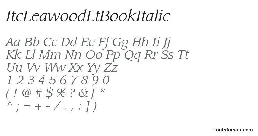 Czcionka ItcLeawoodLtBookItalic – alfabet, cyfry, specjalne znaki