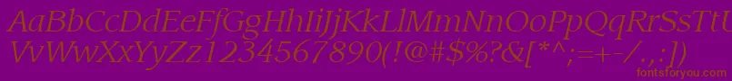 Więcej informacji o czcionce ItcLeawoodLtBookItalic Czcionka ItcLeawoodLtBookItalic – brązowe czcionki na fioletowym tle