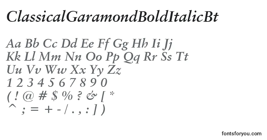 A fonte ClassicalGaramondBoldItalicBt – alfabeto, números, caracteres especiais