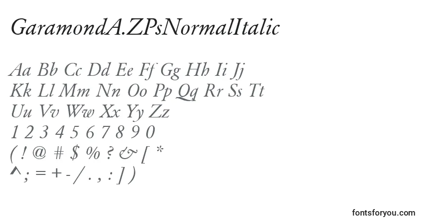 Czcionka GaramondA.ZPsNormalItalic – alfabet, cyfry, specjalne znaki