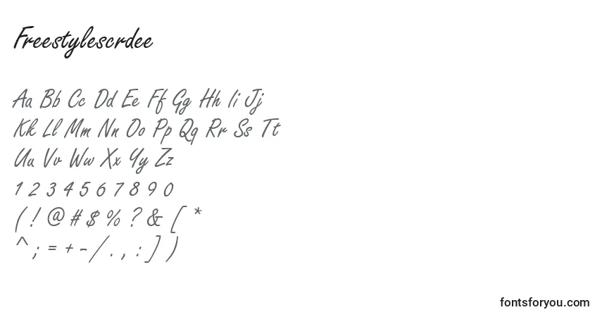 Czcionka Freestylescrdee – alfabet, cyfry, specjalne znaki