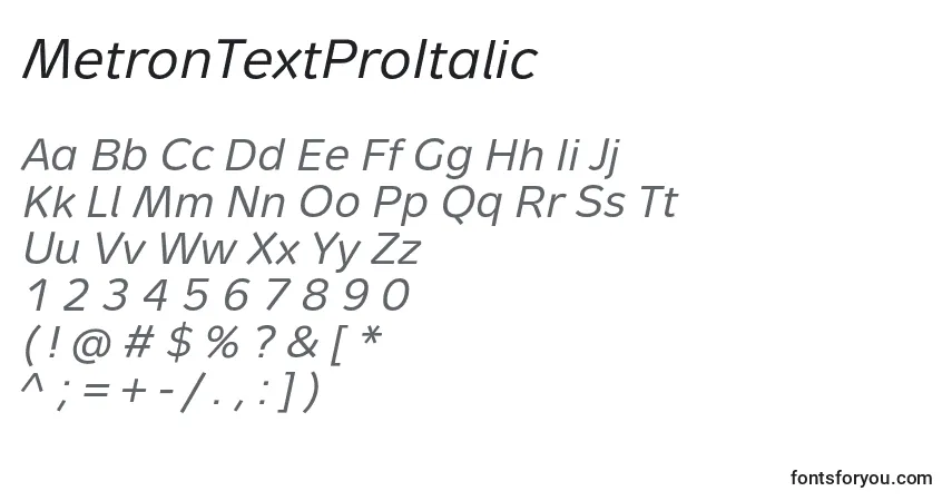 Czcionka MetronTextProItalic – alfabet, cyfry, specjalne znaki
