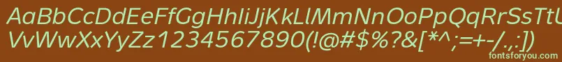 フォントMetronTextProItalic – 緑色の文字が茶色の背景にあります。