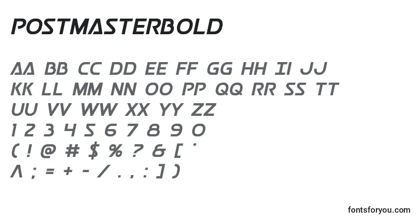A fonte Postmasterbold – alfabeto, números, caracteres especiais