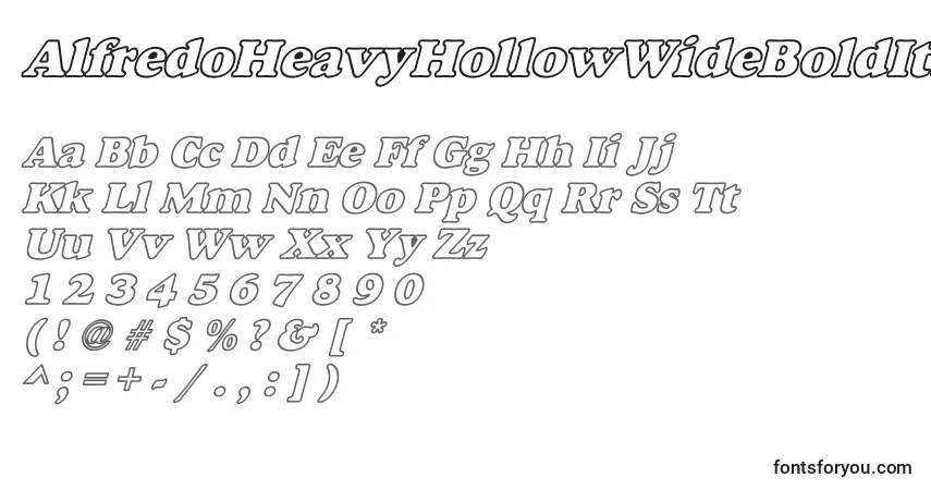 A fonte AlfredoHeavyHollowWideBoldItalic – alfabeto, números, caracteres especiais