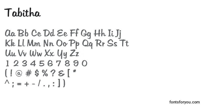 Czcionka Tabitha – alfabet, cyfry, specjalne znaki