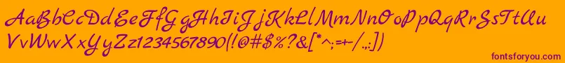 MarckScript-Schriftart – Violette Schriften auf orangefarbenem Hintergrund