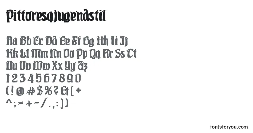 Шрифт Pittoresqjugendstil – алфавит, цифры, специальные символы
