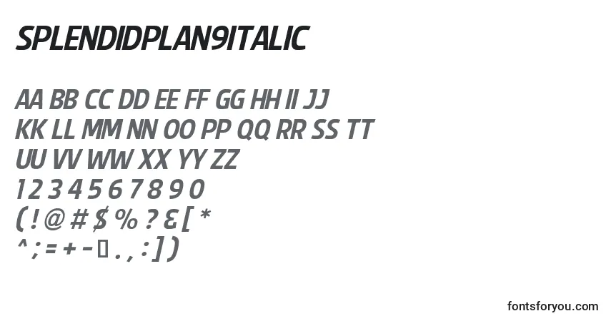 Czcionka SplendidPlan9Italic – alfabet, cyfry, specjalne znaki