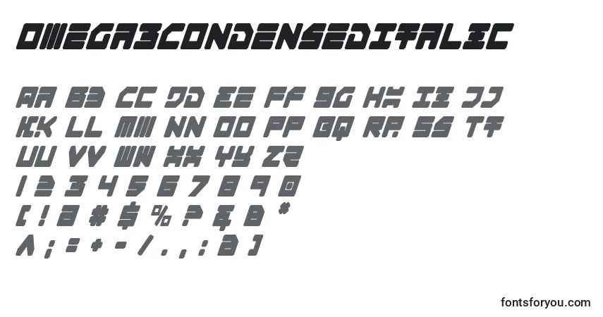 Czcionka Omega3CondensedItalic – alfabet, cyfry, specjalne znaki