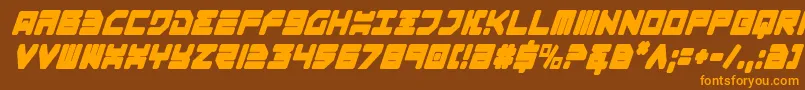 フォントOmega3CondensedItalic – オレンジ色の文字が茶色の背景にあります。