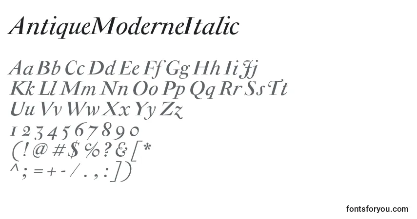 AntiqueModerneItalic-fontti – aakkoset, numerot, erikoismerkit