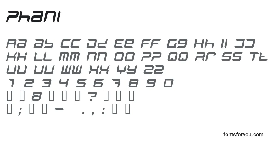 A fonte Phani – alfabeto, números, caracteres especiais