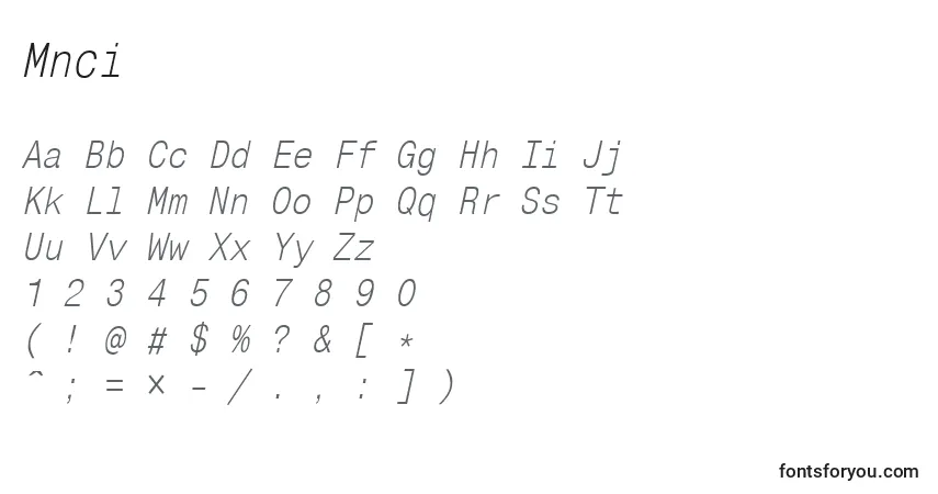 A fonte Mnci – alfabeto, números, caracteres especiais