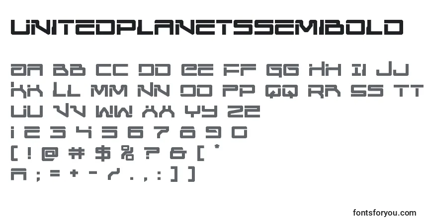 A fonte Unitedplanetssemibold – alfabeto, números, caracteres especiais
